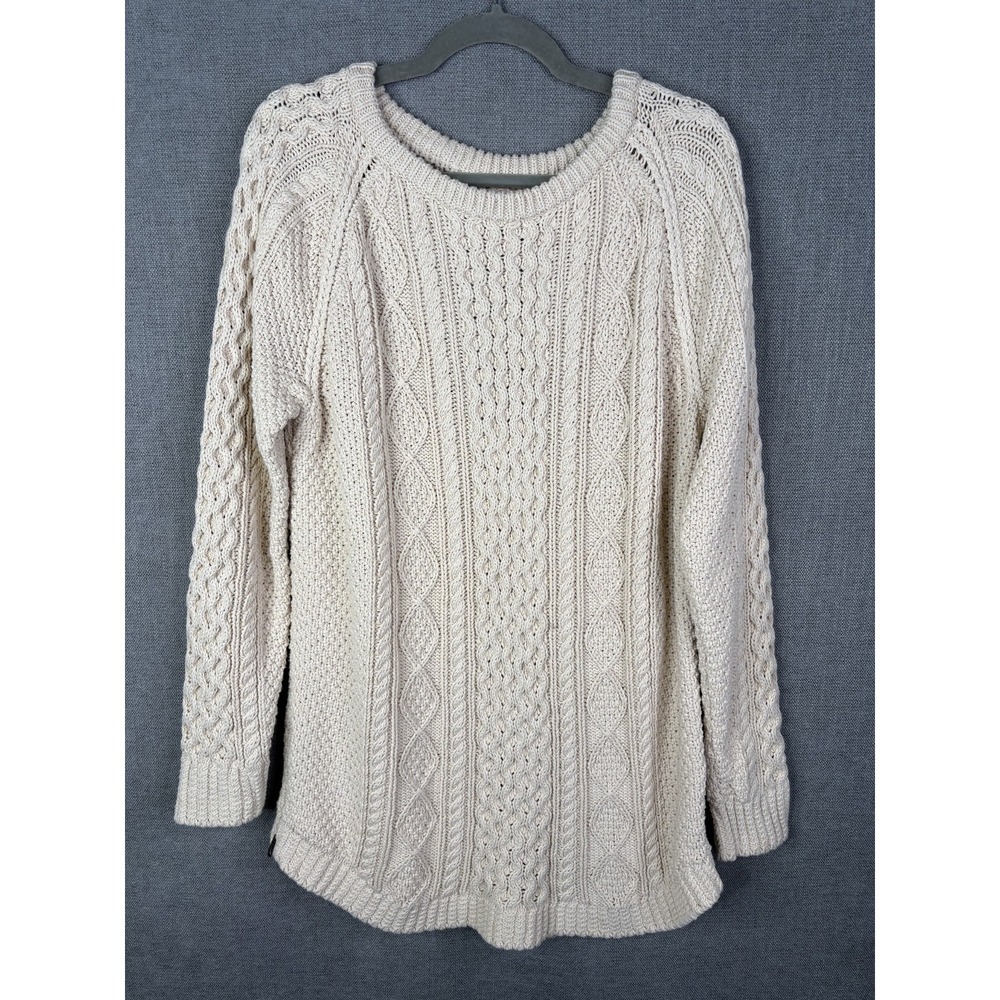 LL Bean Sweater Women Large Ivory Pullover Cable Knit Fisherman Zipper Signature